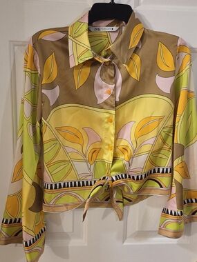 Zara Yellow, Pink & Green Silk-Blend Button-Front Tie-Hem Blouse